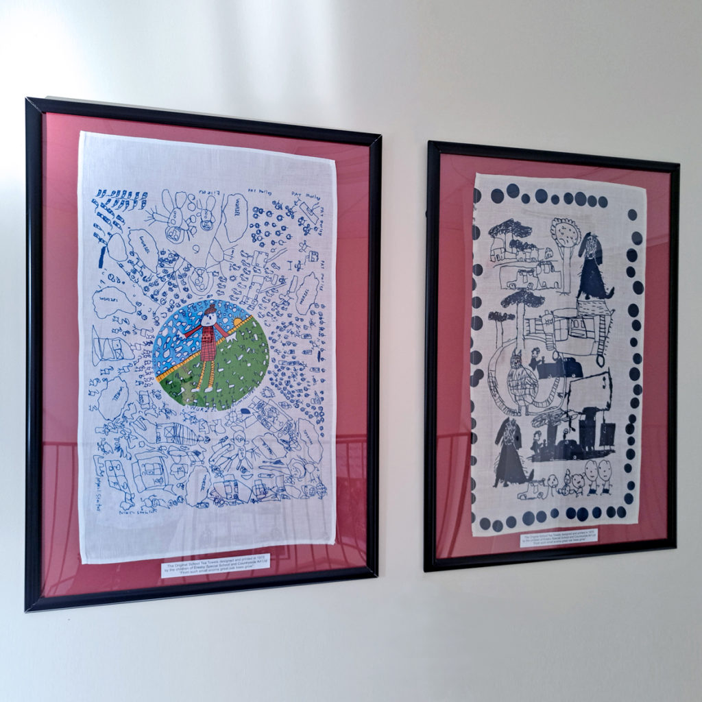 The first ever school tea towels on display in Countryside Art’s Spilsby factory foyer