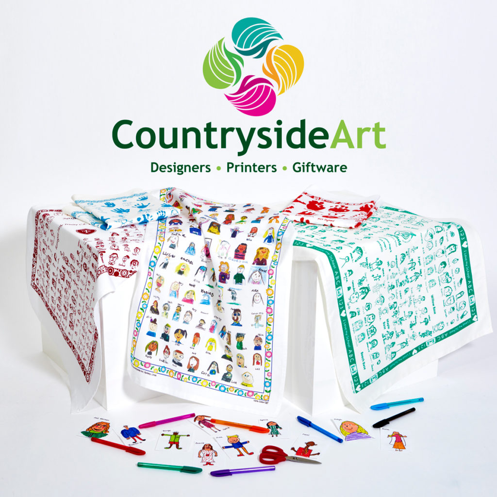 Countryside Art Ltd School Tea Towels printed using single colour screen-prints and with full colour digital printing